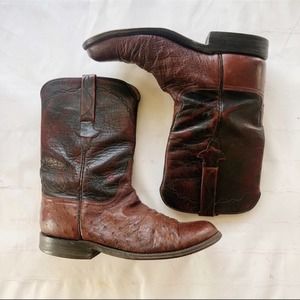 [Lucchese] brown ostrich leather roper western cowboy boot size 9B extra narrow